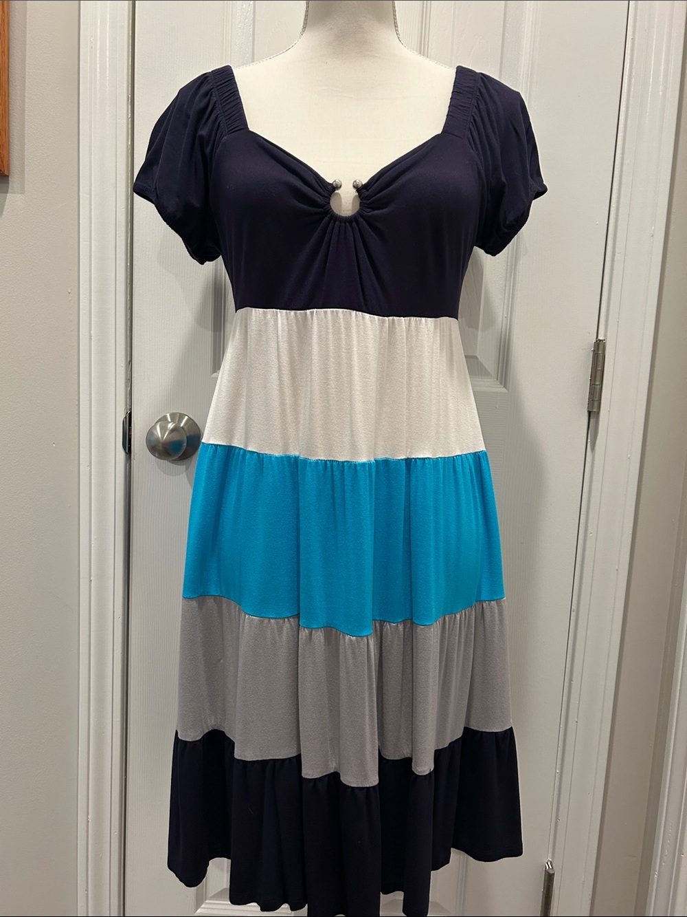 Medium INC Tiered Colorblock Midi Dress - Navy, White, Turquoise, Gray